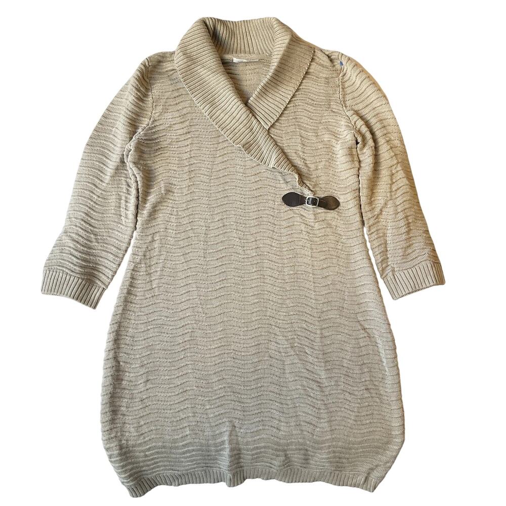 Calvin Klein Women Sweater Dress Size L Beige Buckle 3/4 Sleeve Knee Length